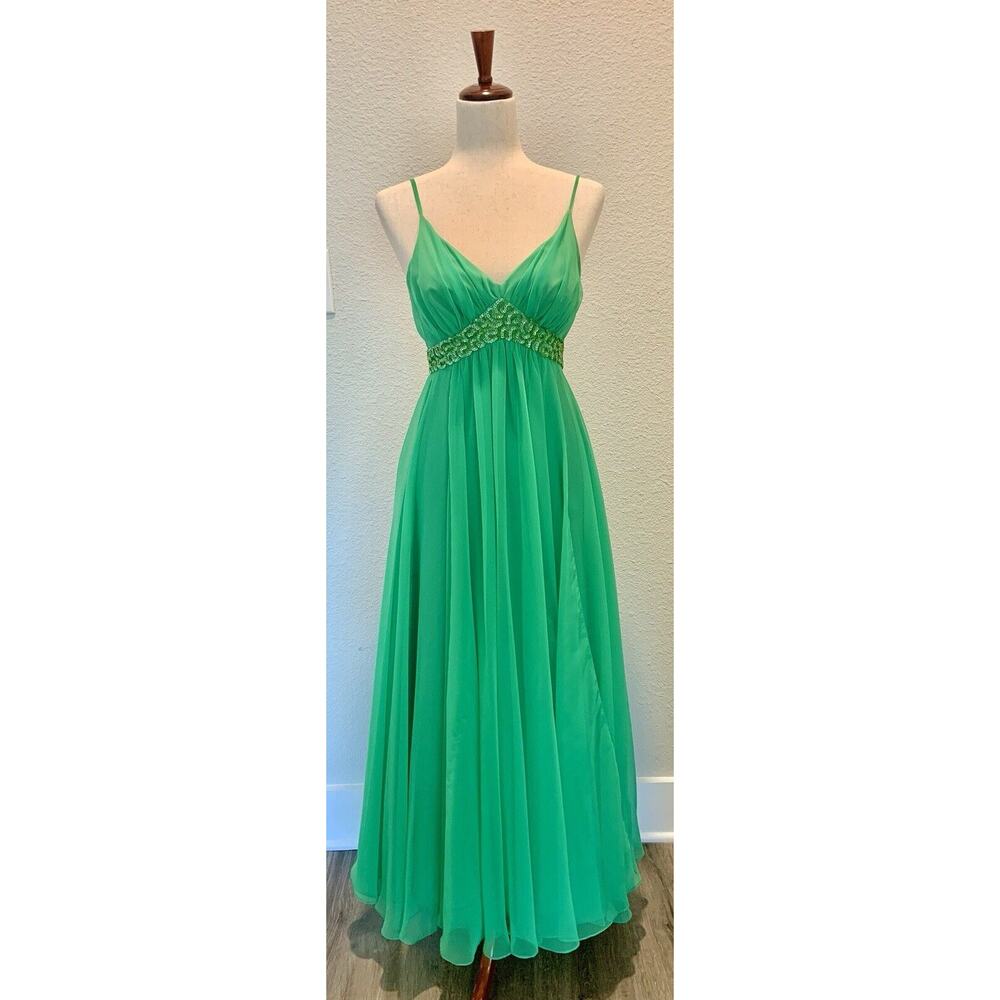 Vintage Green Chiffon Sequined Mike Benet Formal Dress Vintage Size 7 1960s